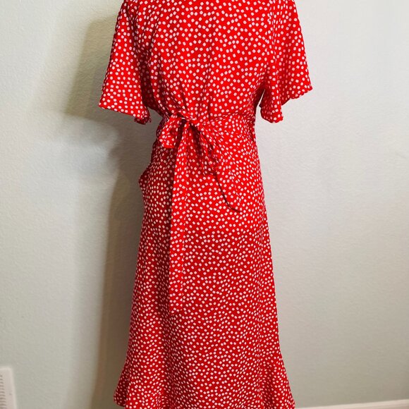 Red White Floral Flutter Sleeve Flowy Cottagecore Full Wrap Midi Dress | Large - Picture 5 of 10
